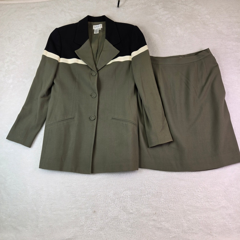 Apart Impressions Vintage Skirt Suit Olive Black Colorblock Wool Blend Size 8